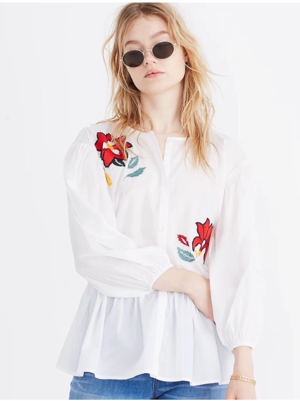 NEW Madewell White Embroidered Peplum Blouse, Small